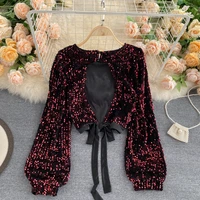 sexy hollow out sequin blouse women o neck open back bandage tops elegant blackred bling club party shirt autumn 2020 fashion