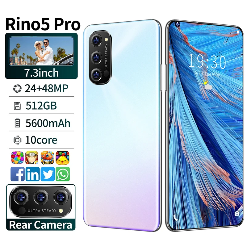 

Global Rino 5 Pro 7.3 Inch Smartphone FullScreen 3 Color 10core 128/256 GB 48MP 4G Face ID Smart Mobile Cell Phone Handset