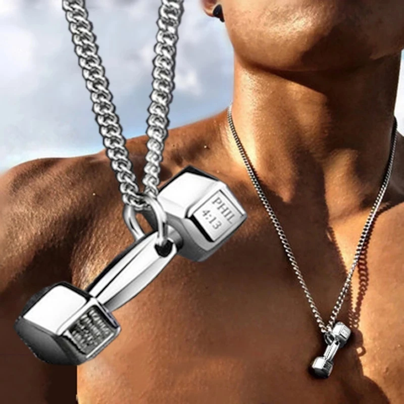 New Gym Dumbbell Pendant Necklace Gold Silver Color Bodybuilding Women Men Sports Barbell Gift Mens Jewellery | Украшения и