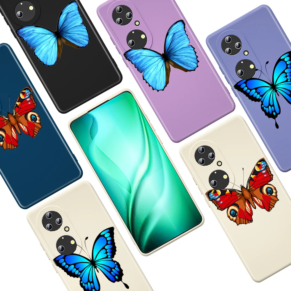 

Aesthetic Blus Butterfly for Huawei P50 P40 P30 P20 Lite P Smart Z Pro Plus 2019 2021 Liquid Silicone Soft Cover Phone Case