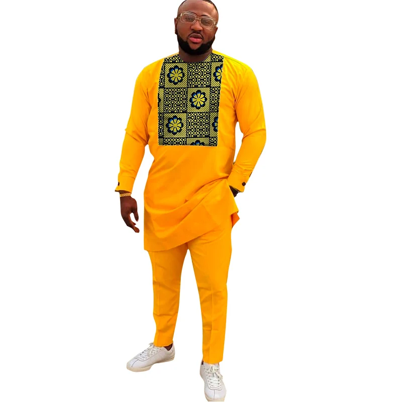 Мужской комплект одежды желтый хлопковый лоскутный топ с Африканским принтом +