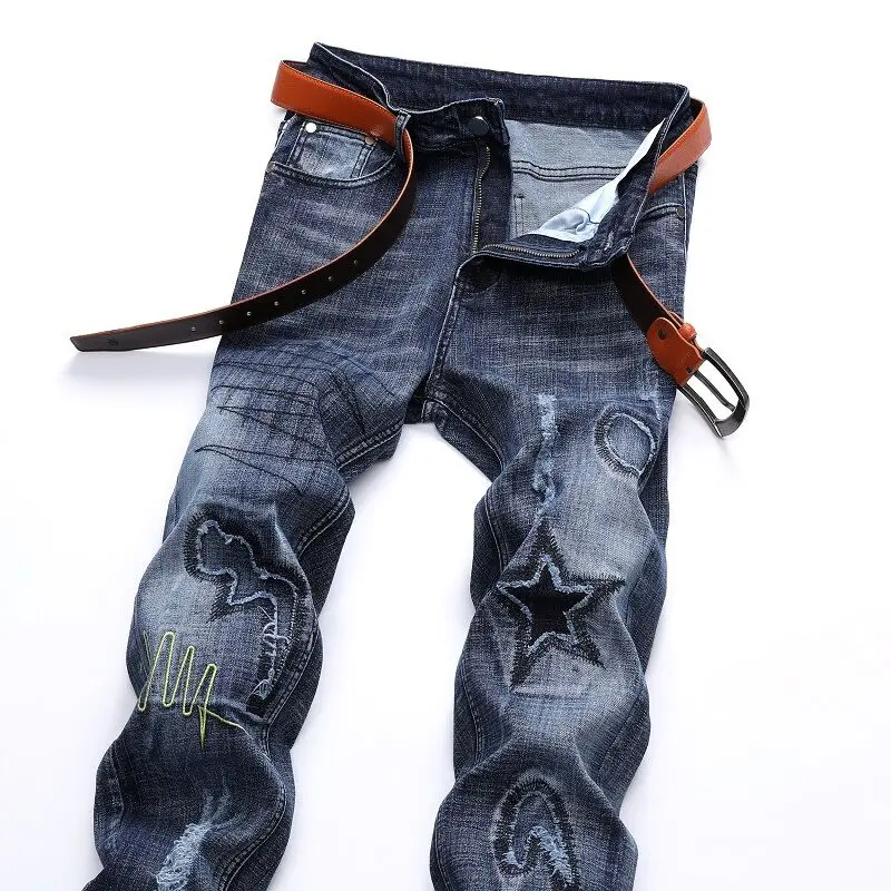 

Trend brand Men's Pants Casual Denim Straight Zipper Trouser Distressed Jeans Long Mens trouser high quality Men Pants 28-42