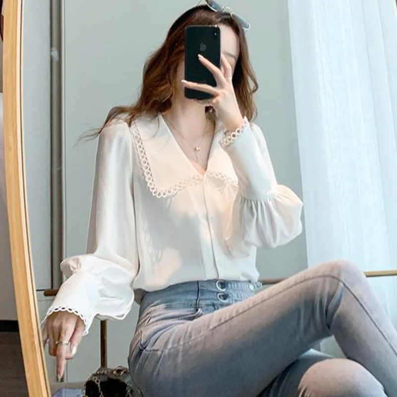 

2021 Spring White Blouses Women Korean Style Lantern Long Sleeve Blouse Women Tops Elegant Doll Collar Fashion Shirt Chic 11546