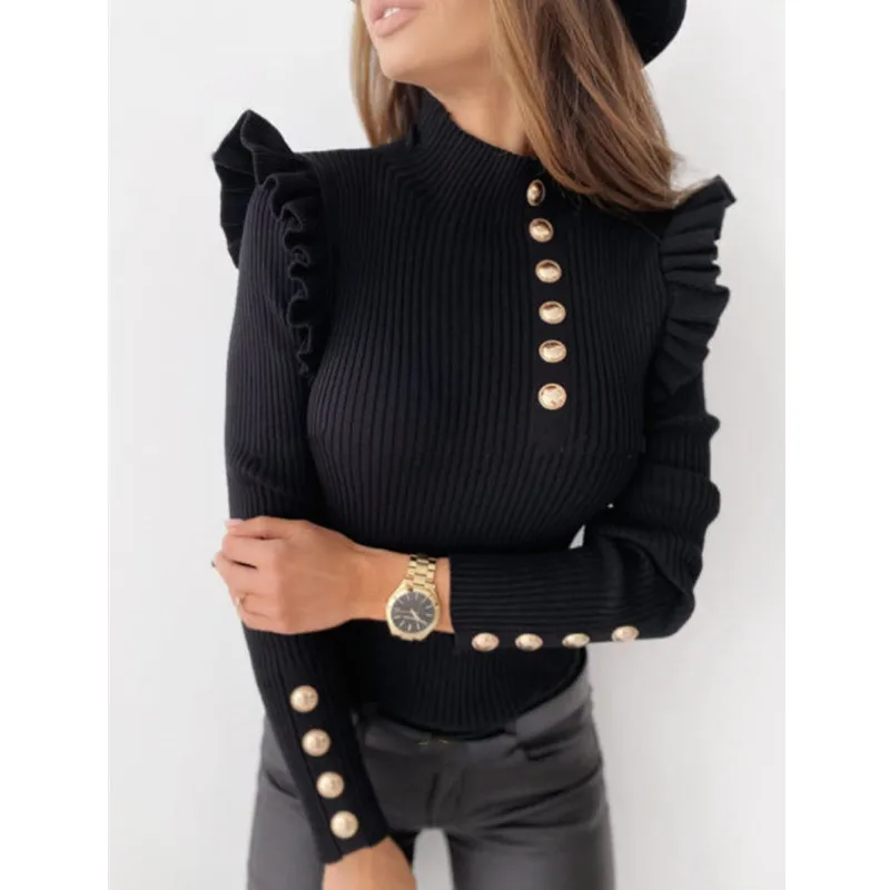 Осенне-зимний женский облегающий пуловер с рюшами и воланом длинным рукавом