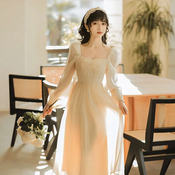 

2021 new fashion women's clothing Square Collar Solid Vintage dresses women