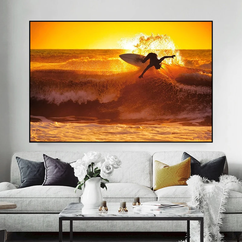 

Canvas Painting Surfing Waves on The Wall Posters and Prints Sunset Scenery Seascape Wall Pictures for Living Room Home Decor