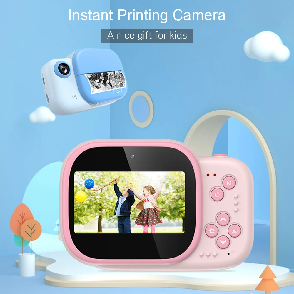 Kids Instant Print Camera 3.0 Inch Screen 1080P 12MP Digital Video Camera with Print Paper Roll Hanging Rope for Children Gifts