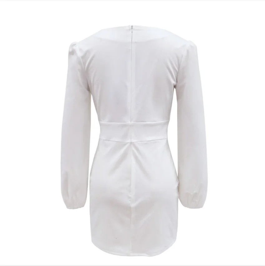 

White Long Sleeve Bodycon Elegant Dress Women Drawstring Ruched Mini Dress Puff Sleeve Off Shoulder Short Tight Pencil Dresses