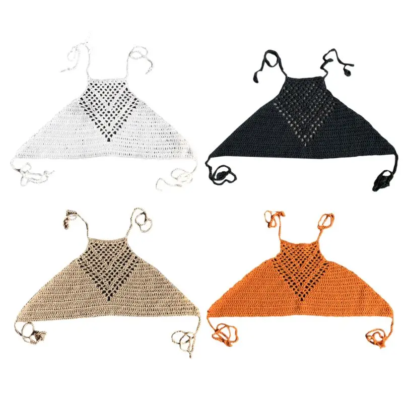 

Womens Summer Hollow Out Crochet Crop Top Halter Neck Boho Ethnic Bikini Bra Solid Colo Sleeveless Knitted Cover Up Beachwear