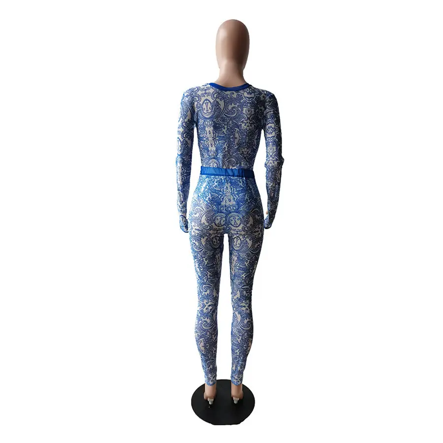 

women jumpsuit Long Sleeve Print bodysuits sexy jumpsuit women blue jumpsuit