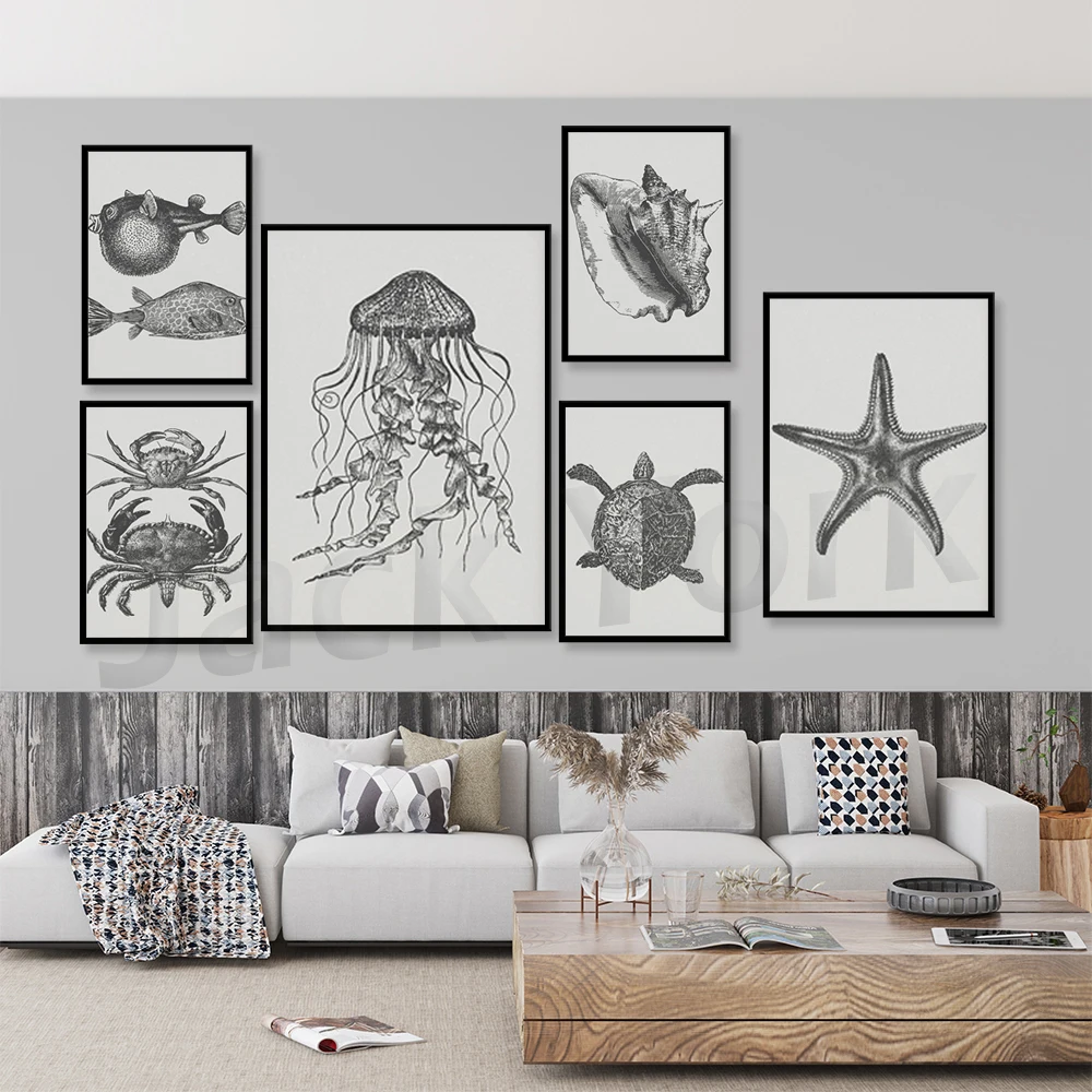 

Sea Crab -Conch -Jellyfish-Starfish-Tropical Fish Print-Coastal Gray - Modern Coastal Art-Black and White-Beach House Decor