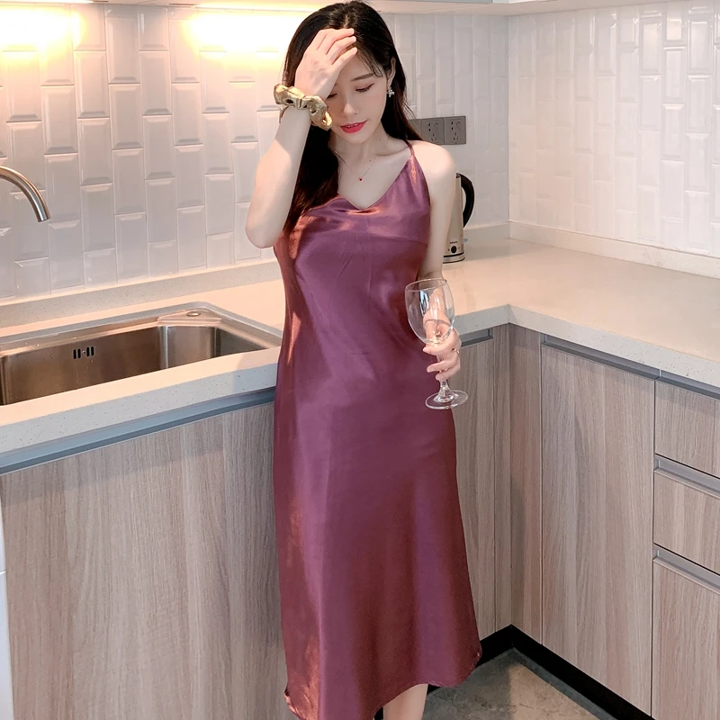 

Sexy Long Sleep Dress Satin Rayon Sleepwear Solid Nightie Nightgown Women Nightdress Intemate Lingerie Women Nightwear Bath Gown