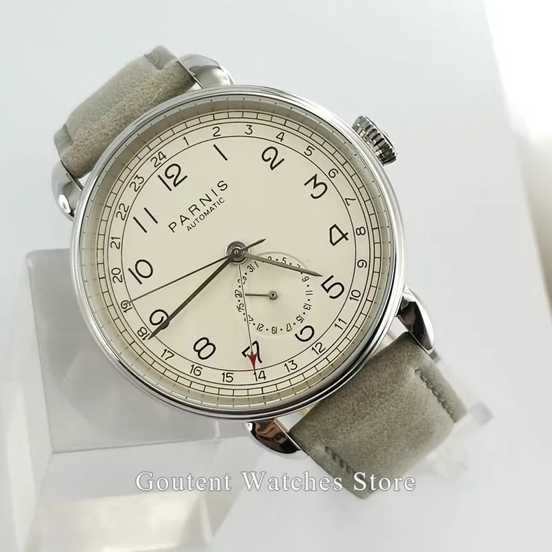 Новые Parnis 42 мм GMT мужские часы Лидирующий бренд механические мужские часы Серебристый футляр для часов ДАТА кожа автоматические мужские наручные часы