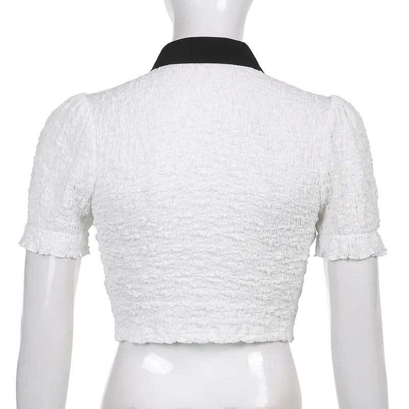 

Goth Dark E-girl Cute Gothic Summer Women T-Shirts Grunge White Zipper Patchwork Sexy Crop Tops Pleated Korean Fashion Clothes