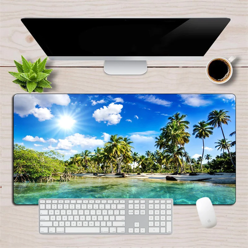 

Palm Trees Beach Large Mouse Pad Blue Sky Clouds Otaku Gaming Mousepad Rubber Locking Edge Keyboard pad Laptop Computer Mat