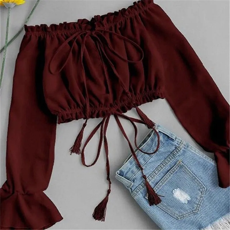 

Футболка женская шифоновая с открытыми плечами, длинным рукавом и цветочным принтом