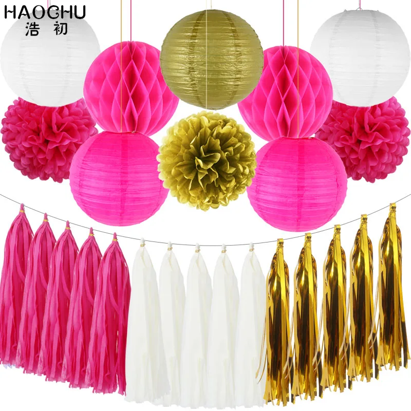 Rose Gold 25pcs/set Gold White Round Hanging Paper Ball Lanterns Honeycomb Tissue Pom Poms Tassel Birthday Wedding Theme Party Decorations - Цвет: Rose Gold