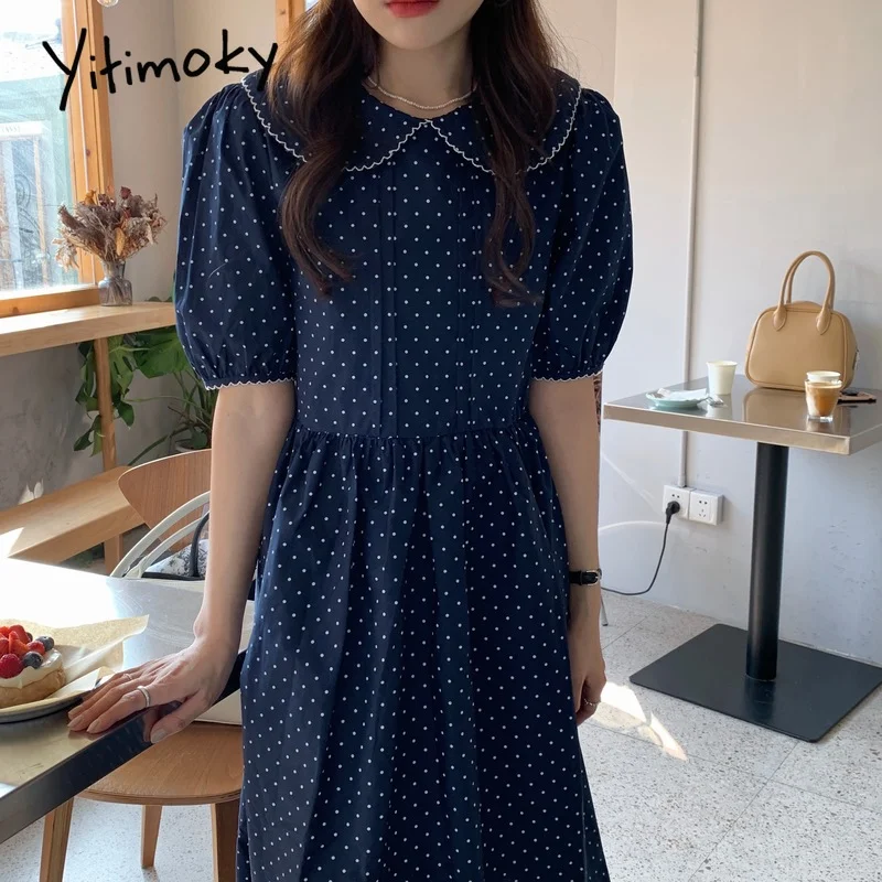 

Платье Yitimoky женское в горошек, свободное белое кружевное средней длины с короткими рукавами-фонариками, с круглым вырезом, в Корейском стил...