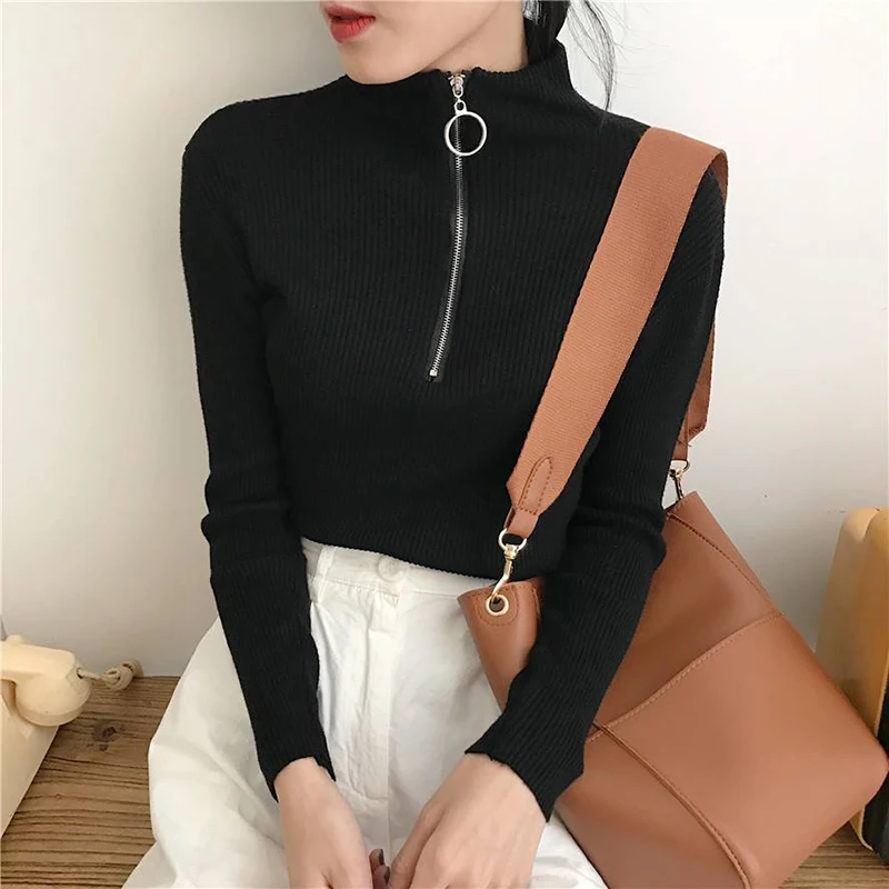 Autumn Winter Sexy Casual Zipper Sweater Women Turtleneck Solid Skinny Elastic Knitted Full Sleeve Female Soft Pullover | Женская одежда