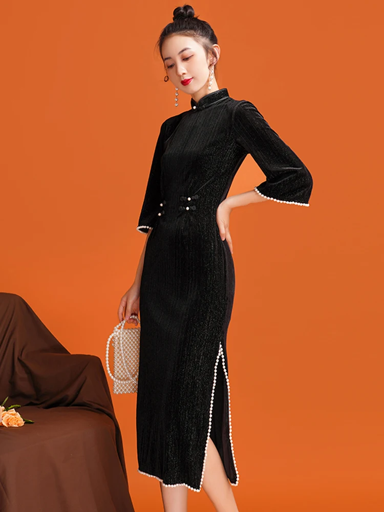 

Осень 2021 новая женская одежда в китайском стиле ретро художественное тонкое платье Чонсам средний рукав воротник-стойка черное платье