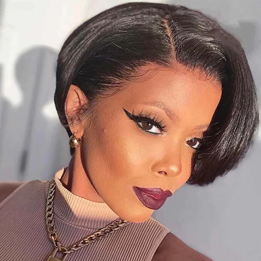 

Short Pixie Cut Wigs Straight Bob Human Hair Wig Full Machine Made Human Hair Wigs For Black Women 13X1 Lace Front Hair Bob Wig