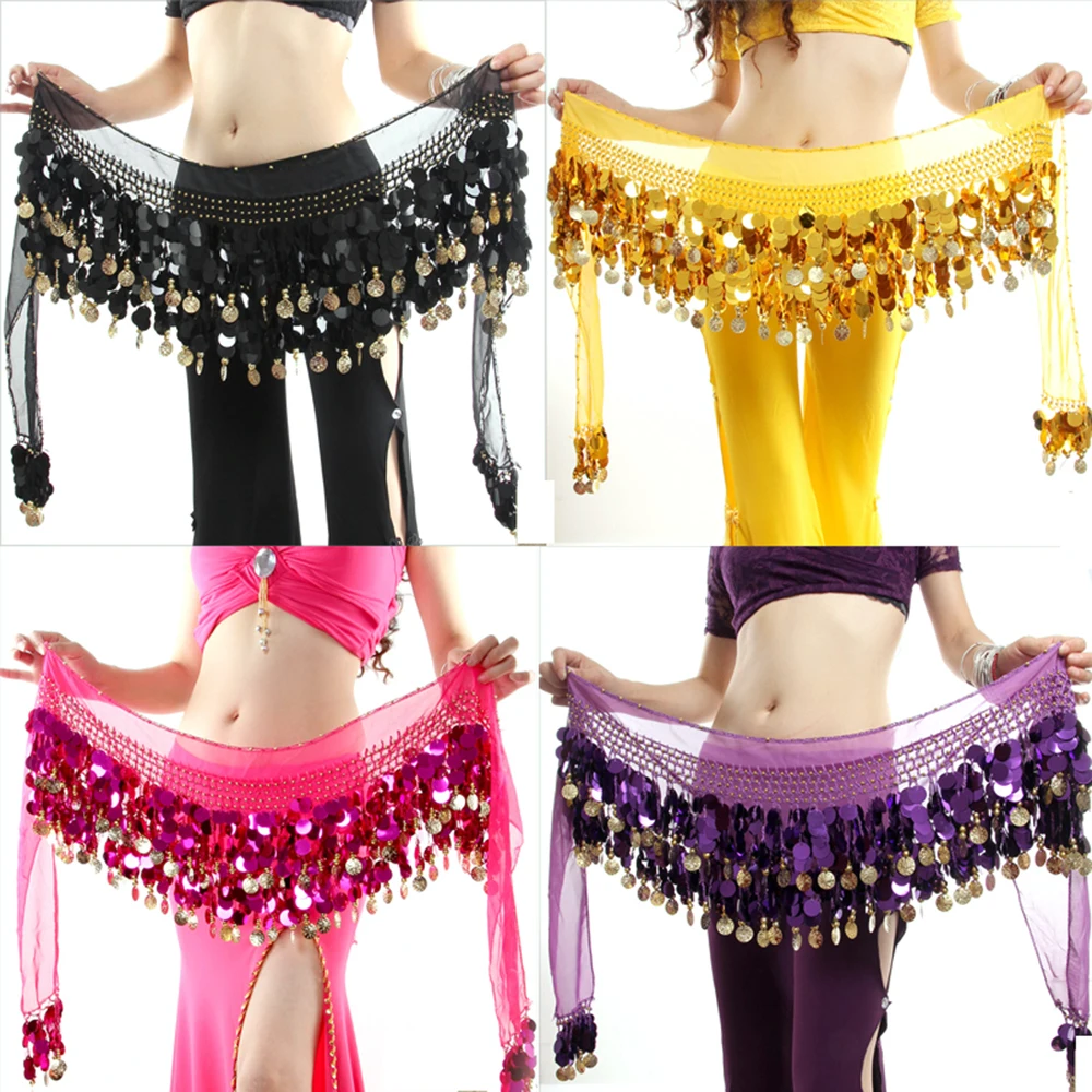 

Women Colorful Belly Dancer Costume Stage & Dance Wear Hip Scarf Wrap Sequins Belt 58 Coin Chiffon Skirts