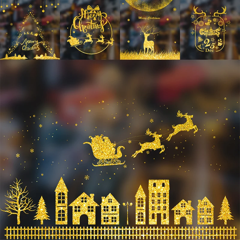 

12 Styles Window Stickers Gold Wall Sticker Decals Merry Christmas Home Kids Room New Year Shiny Fashion Decorations