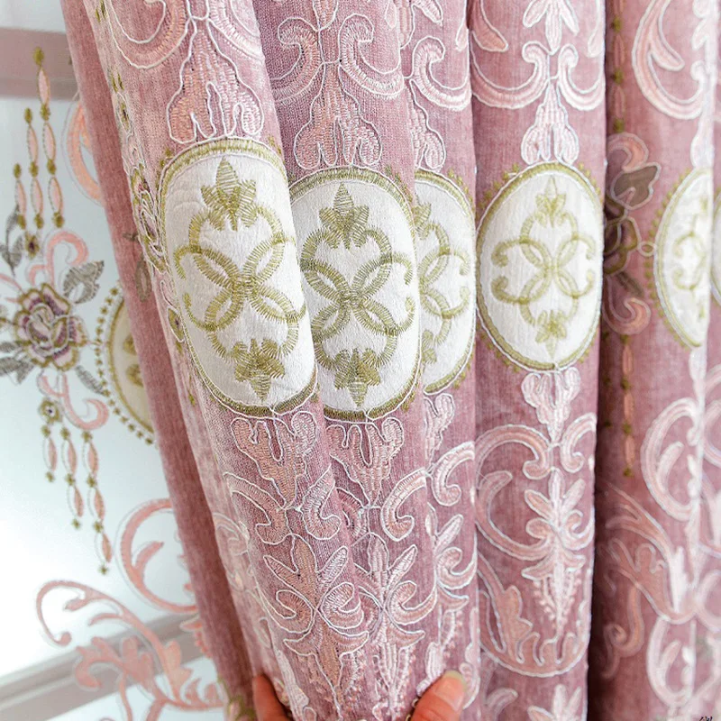 Шторы розовые в европейском стиле простые шенильные занавески с вышивкой для