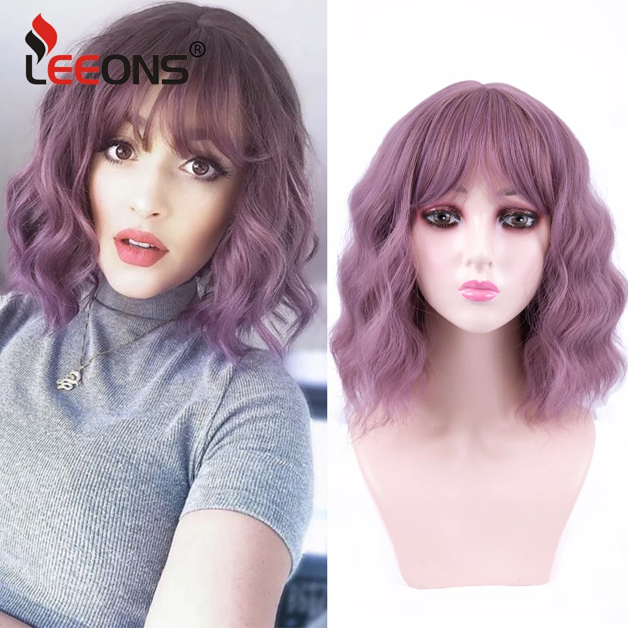 

Leeons Purple Wig Short Wavy Wig With Bangs 14 Inch Colored Wigs Synthetic Wigs For Black Women Cosplay Party Heat Resistant