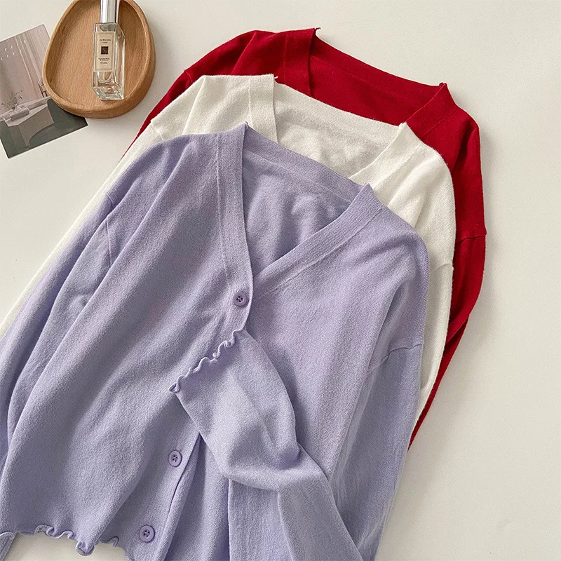 

Женский трикотажный кардиган с деревянными ушками, Осенний тонкий мягкий модный Свободный кроп-топ в французском стиле с длинными рукавами