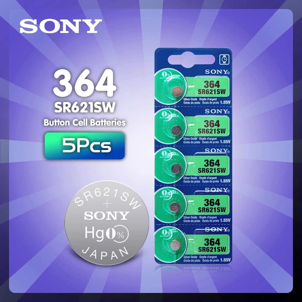 

5pcs Sony 1.55V 364 SR621SW V364 SR60 SR621 AG1 Watch Battery Silver Oxide Button Coin Cell Batteries MADE IN JAPAN
