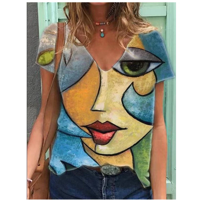 

Women Casual Vintage Abstract Print Loose Tops 2021 Summer Short Sleeve V-Neck Streetwear Shirts Ladies Tee Top S~3XL