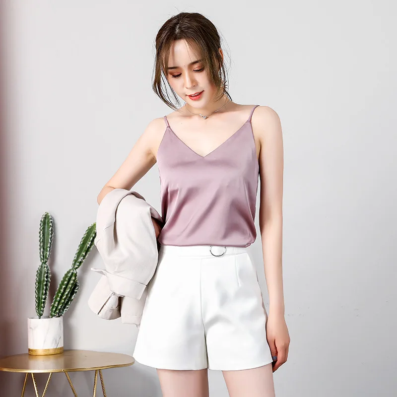 

Solid Color Silk Camisole for Women Satin V-Neck Camis Summer Sleeveless Tops Female Sling Bottoming Shirt Inside Wear Homewear