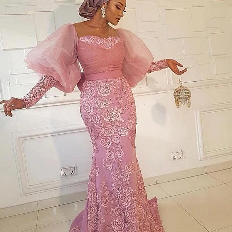 

Вечерние платья Русалочки с пышными рукавами Aso Ebi, кружевное платье с аппликацией для выпускного бала размера плюс, вечерние платья с отвес...