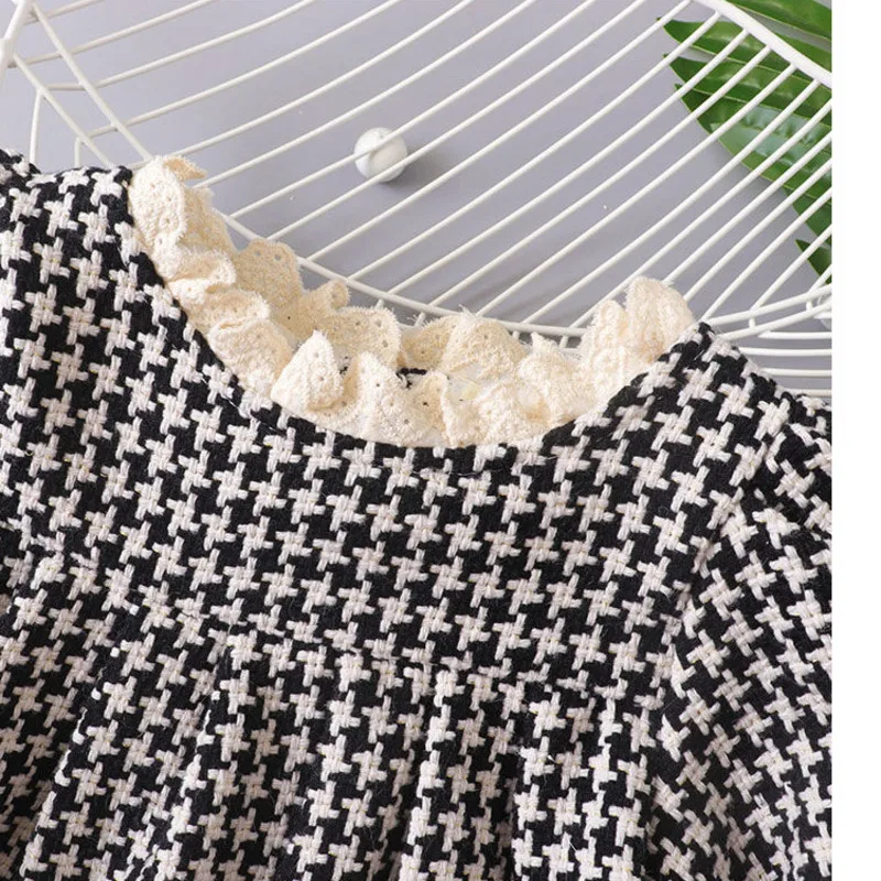 

MIEMBRO 2021 Spring Children's Thickened Thousand Bird Lattice Princess Doll Skirt Elegant Frocks Vestido Cute Girls Dresses