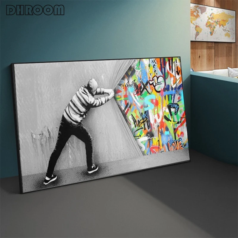 

Street Art Banksy Graffiti Poster Print Behind The Curtain Canvas Paintings Cuadros Wall Art Pictures for Living Room Home Decor