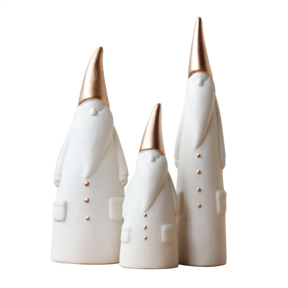 

3Pcs Ceramic Santa Claus Statues White Standing Father Christmas Figurine With Rose Gold Hat Suitable For Home Family Office Tab