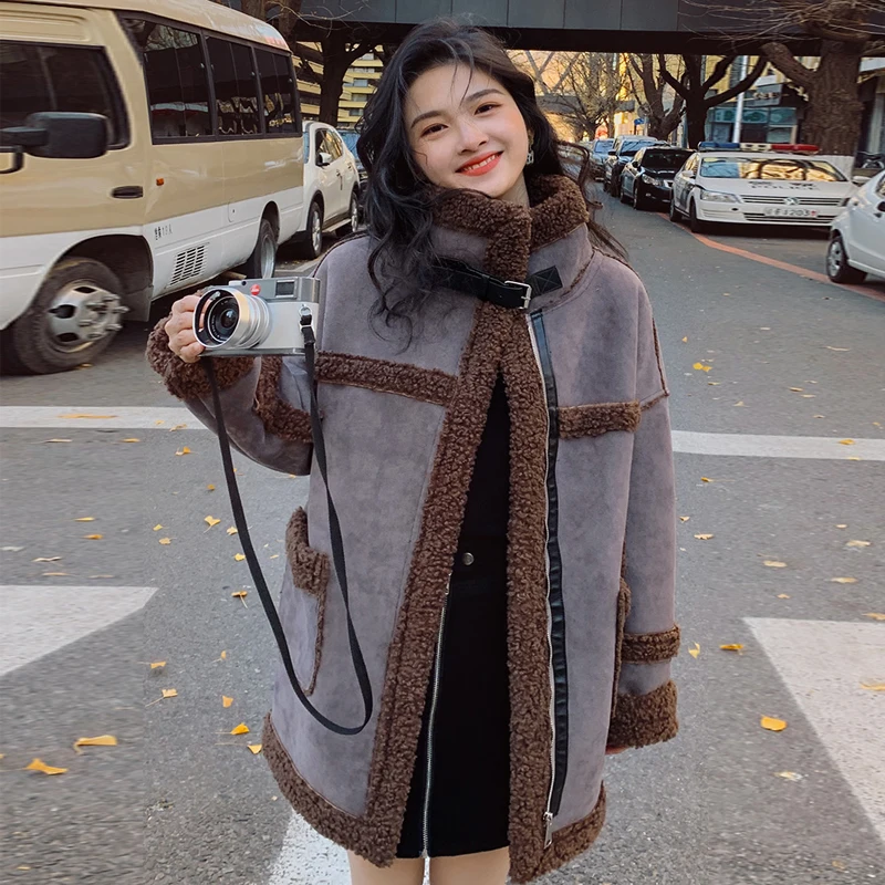 

New Warmth Thick Lamb Fur Spliced Women Jacket Long Zipper Stand-up Collar Casual Fashion Korean Style Winter Coat Women 2020