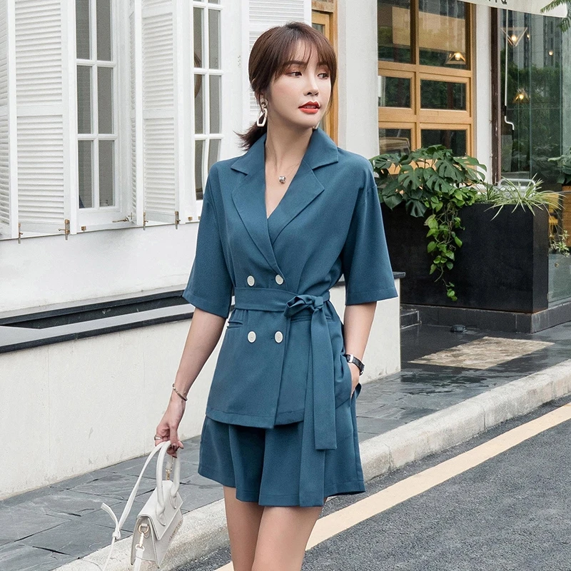 

Shorts Set Women Summer Solid Color Belted Double Breasted Blazer Office Wear Casual Two-piece Lady Short Sleeve Blazer Suits
