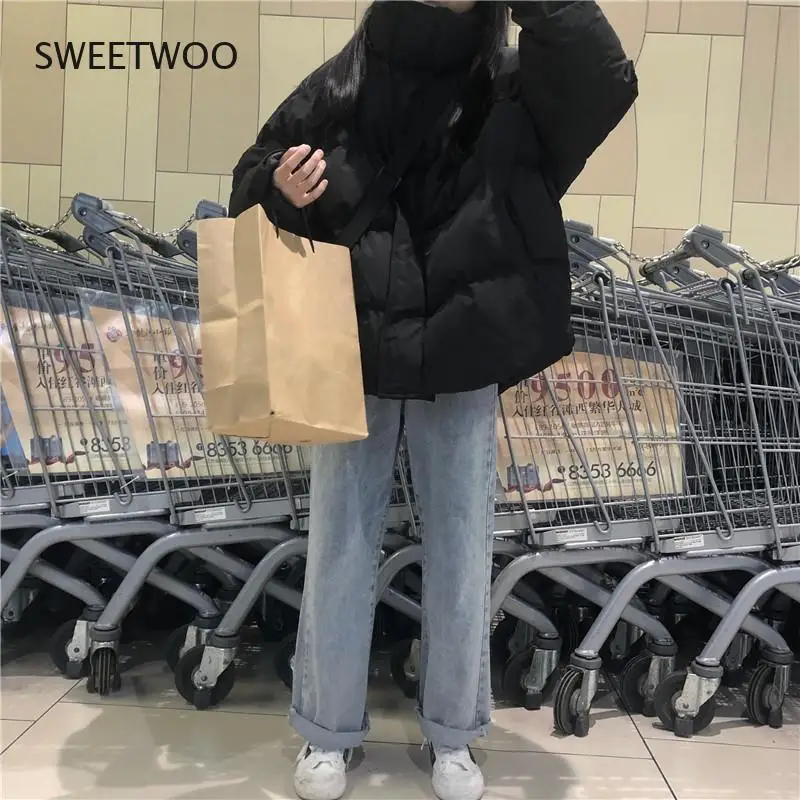 Winter Jacket Women Short Korean Loose Bread 2021 New Loose Solid Black Warm Streetwear Fashion Concealed Buckle Bubble Coat