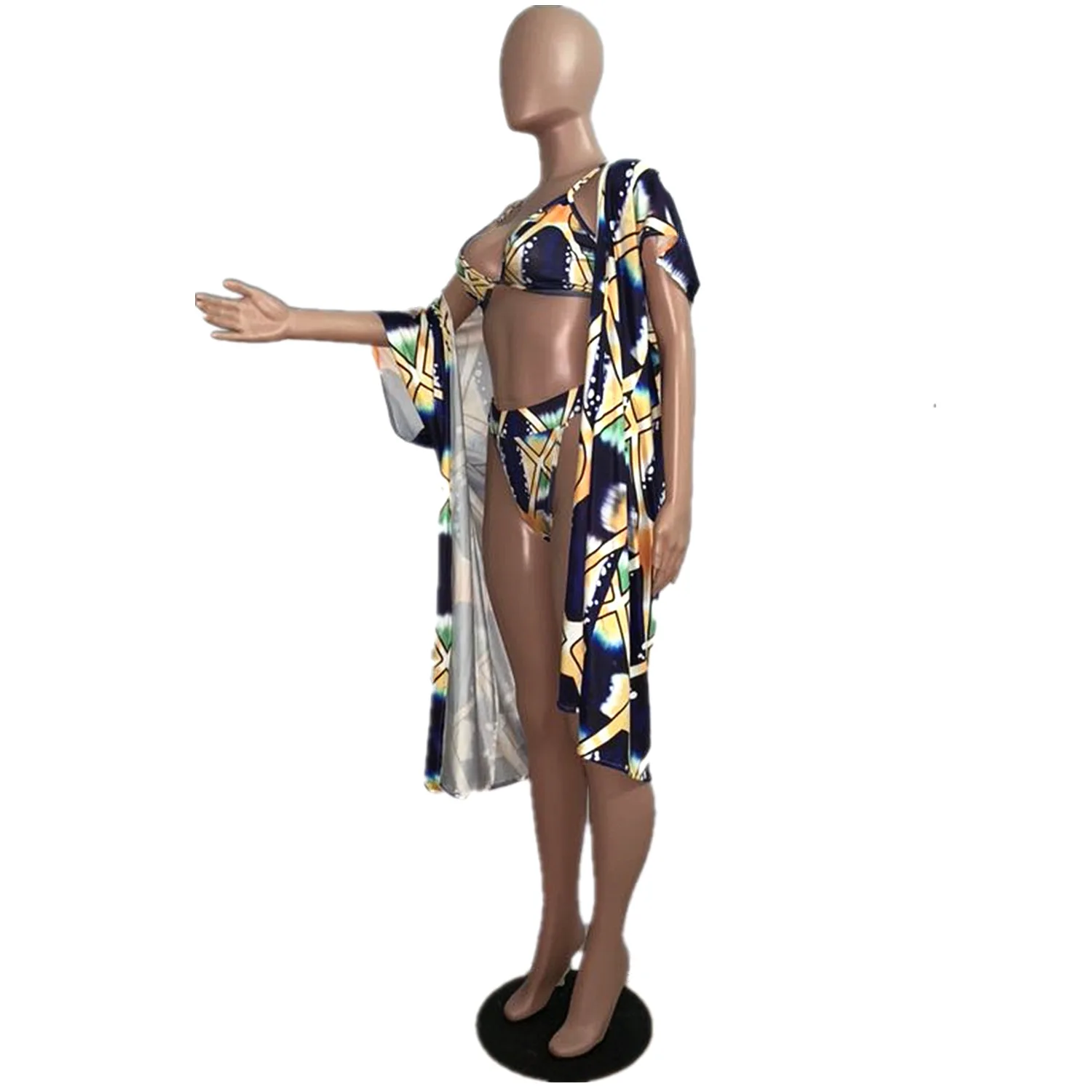 

Echoine 3 Piece Set Bikini Set Print Swimwear Sexy Elegant Beach Summer Swimsuit Long Chiffon Cover Up Outfit Bathing Suit New