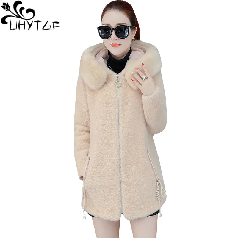 

UHYTGF New mink cashmere Winter woolen jacket Fashion hooded casual warm jackets High quality Gold mink cashmere wool coat 794