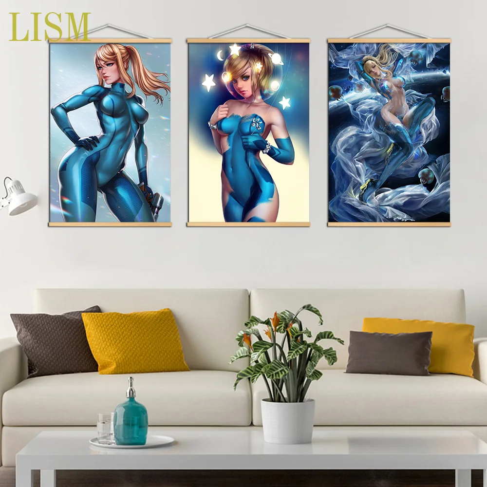 METROID Samus Aran аниме постер манга картина с твердой древесиной висячая прокрутка