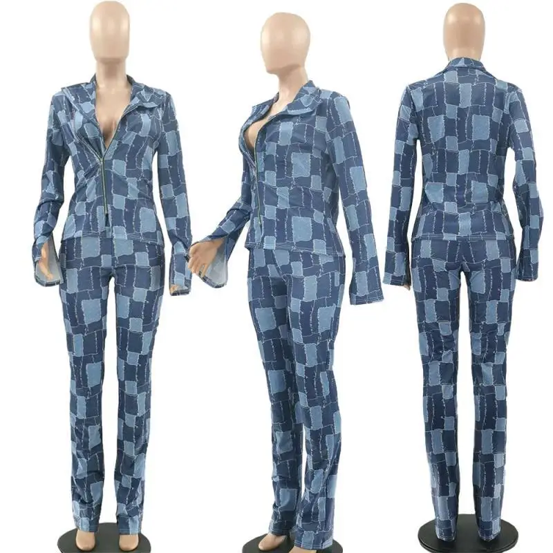 

2021 Autumn New Fashion Temperament Plaid Printed Irregular Outer Two Piece Set Suit