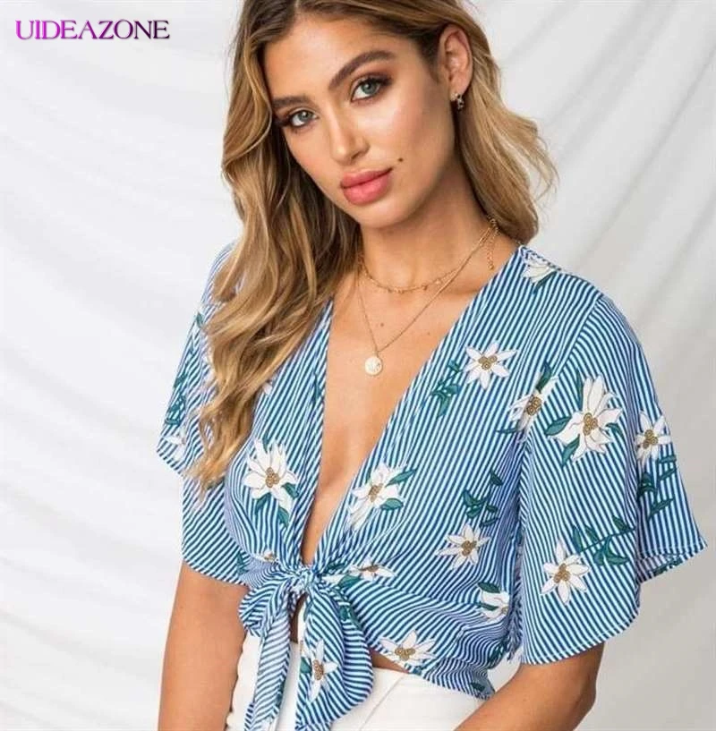 UIDEAZONE Модный женский летний укороченный топ с завязками сексуальный цветочным
