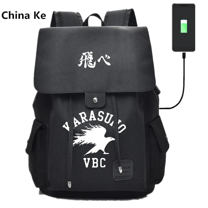 Mochila con puerto USB de Anime Haikyuu Karasuno, bolsa de mensajero con cremallera para escuela, estudiantes, libro, mochila de viaje para niño de gran capacidad