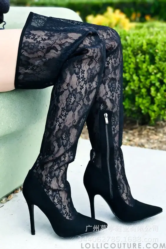 

Pointed Lace Sexy solid color fashion T-stage knee high top boots