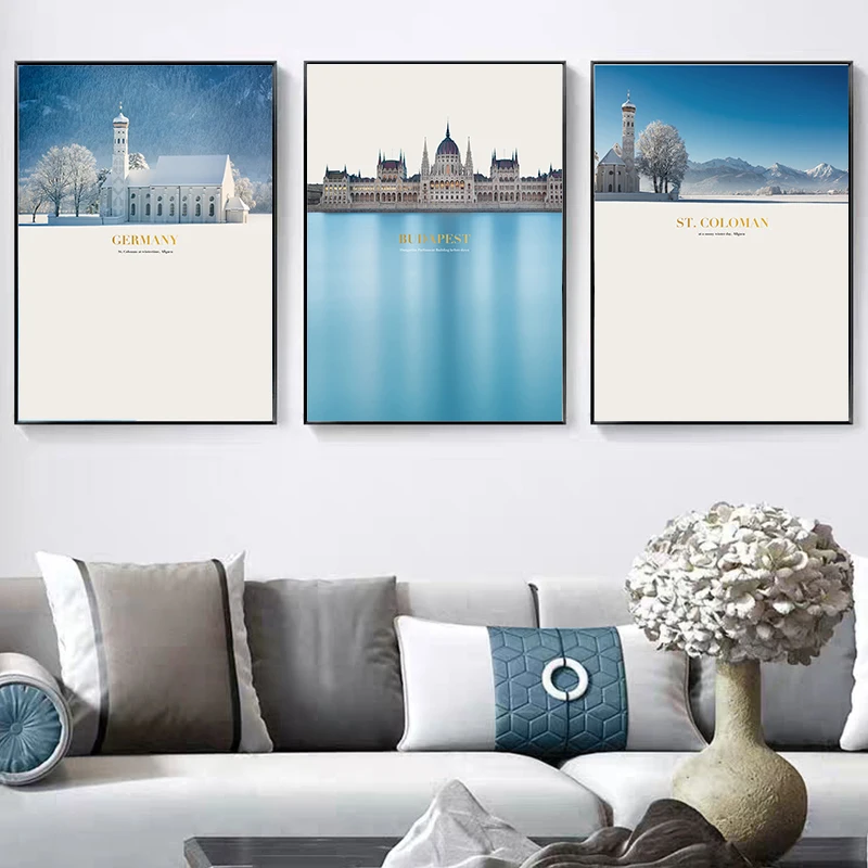 Скандинавская декорация здание замка Голубое озеро небо пейзаж настенное