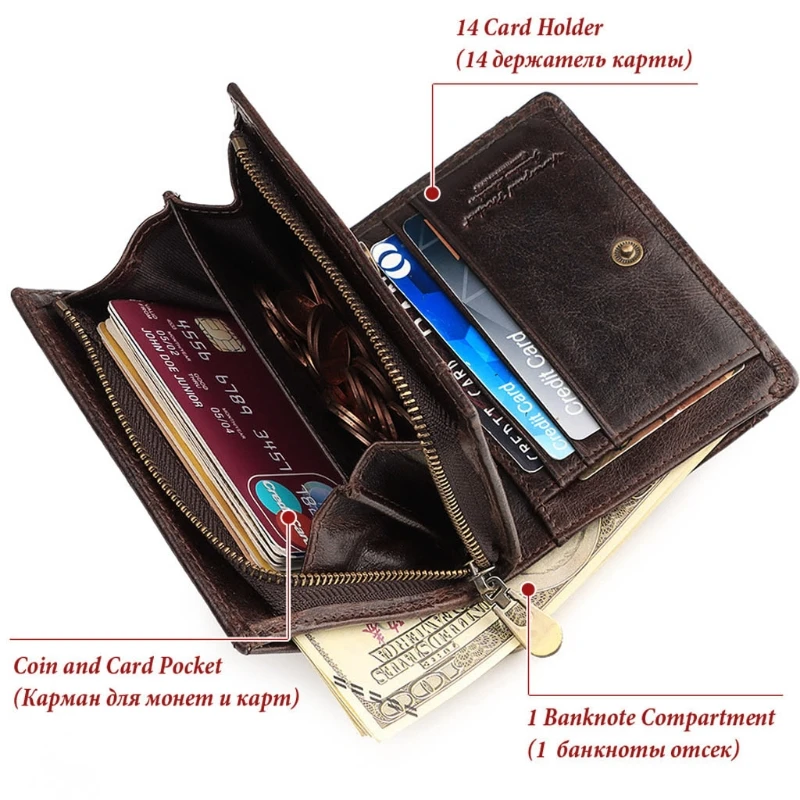 

Credit Card Leather Bifold Wallet RFID Blocking Zipper Coin Purse Cash Pocket Organizer Holder with Anti Theft Chain