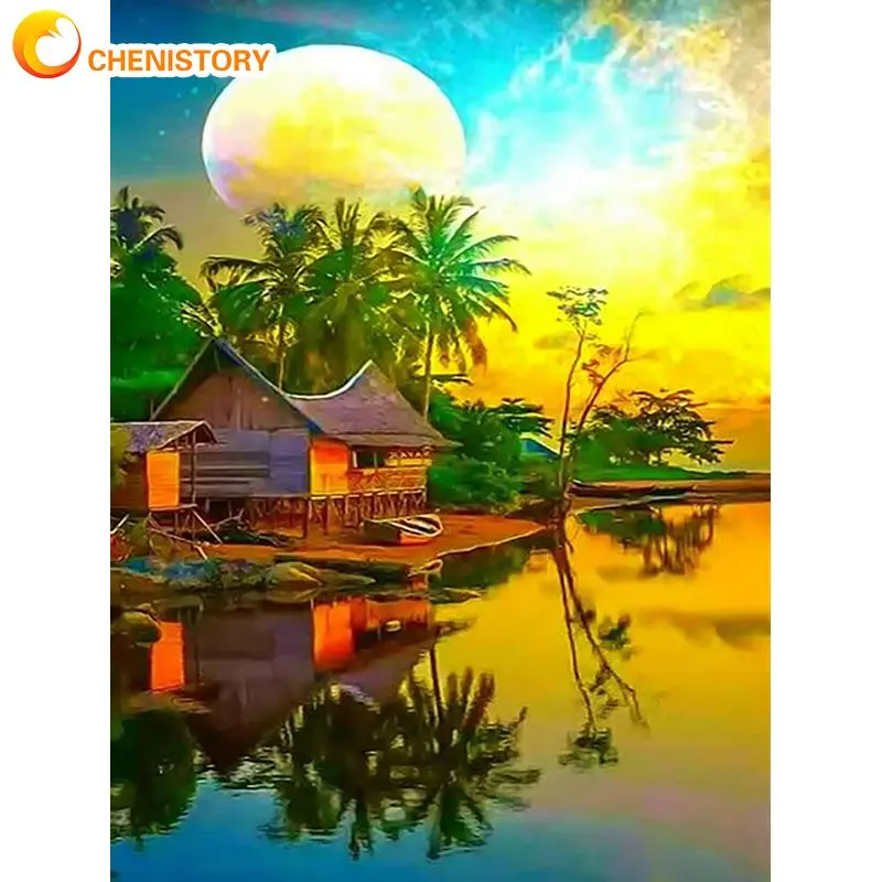 

CHENISTORY 5d Diy Diamond Painting Sunset Scenery Full Square Diamond Embroidery Mosaic Lakeside Cabin Art Kits Home Decora